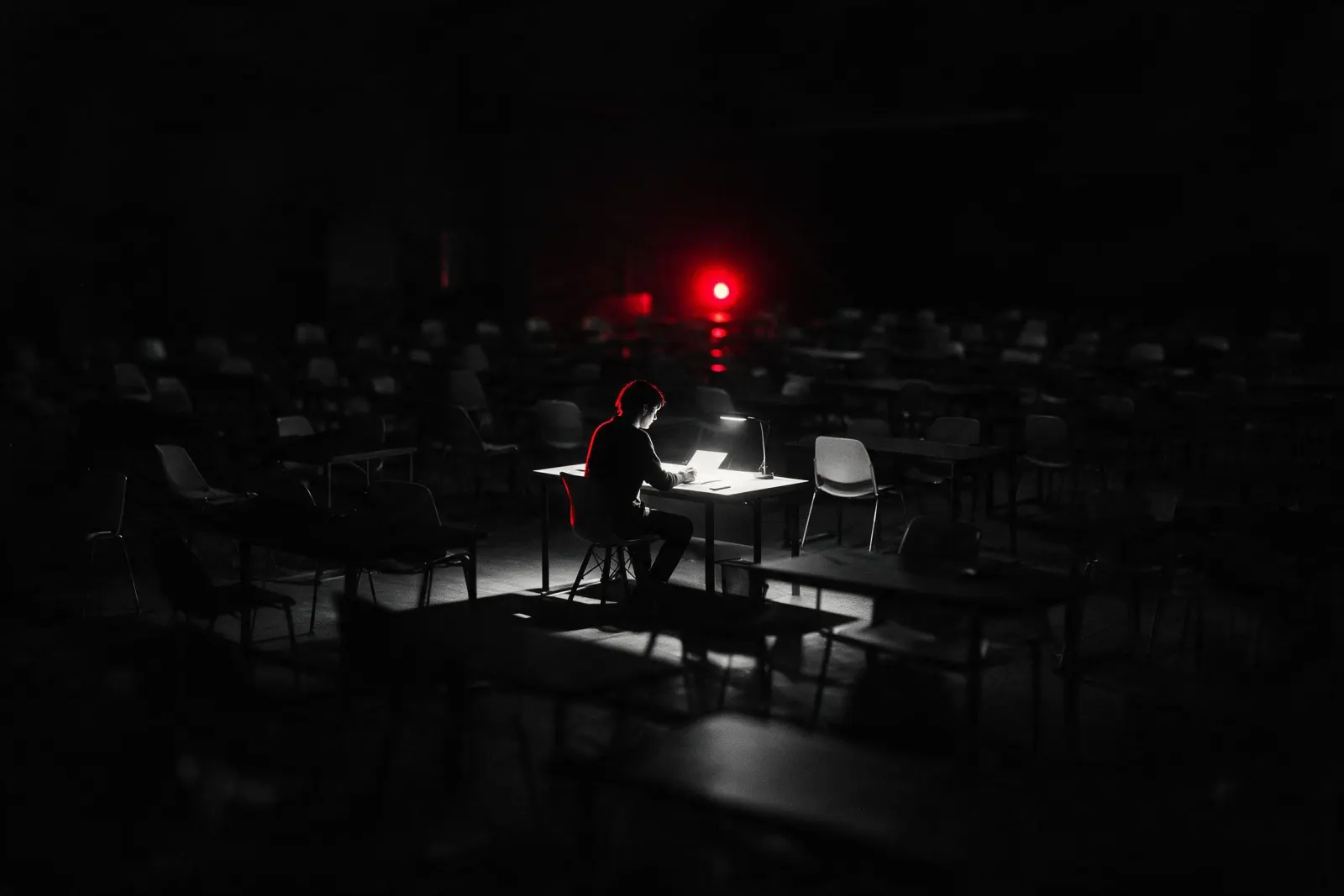 A single designer working alone at one lit desk in a large, empty, darkened studio.