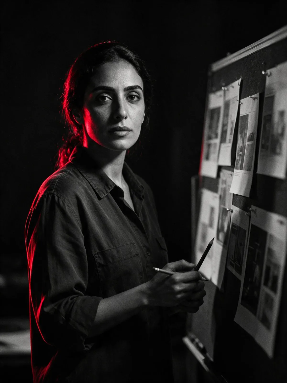 A designer standing beside a board of pinned work, looking straight at the room.