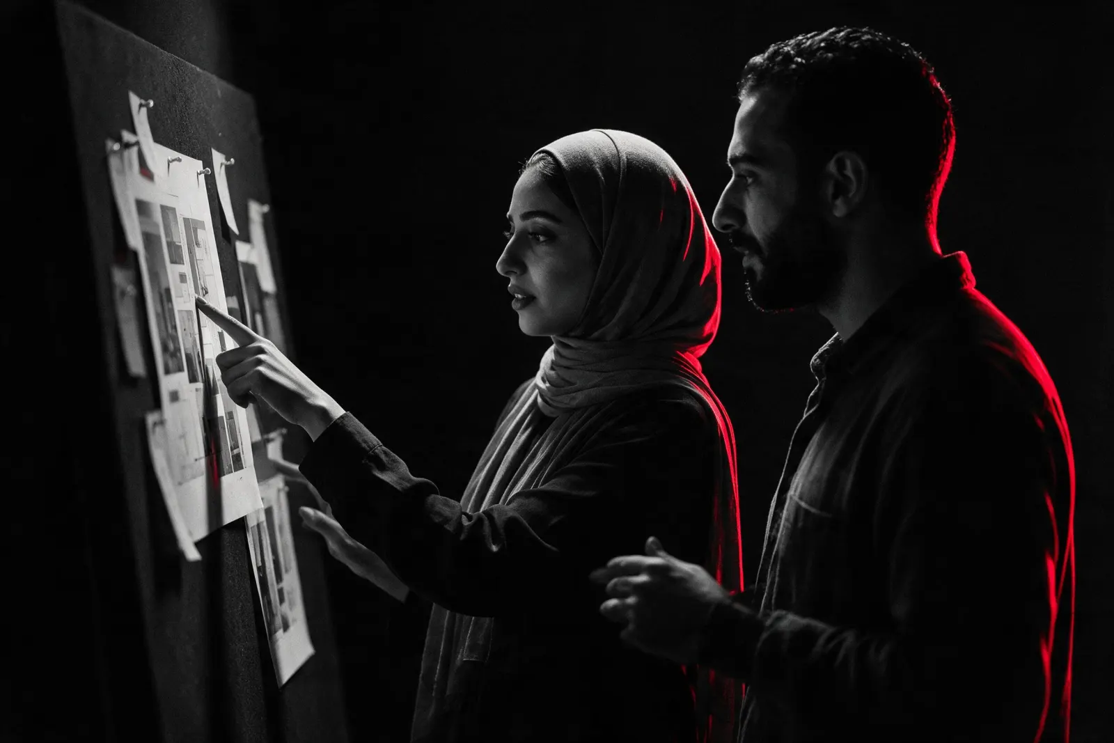 Two designers standing at a board, talking through the work pinned on it.